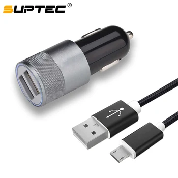 

SUPTEC 5V 2A Dual USB Alloy Car Phone Charger Car-charger + Micro USB Cable Fast Charging Cord for Samsung S5 S7 Xiaomi Huawei