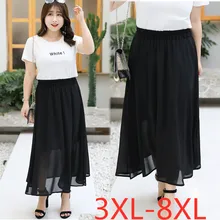 Летняя длинная юбка для женщин размера плюс, Повседневная Свободная шифоновая плиссированная юбка с эластичной резинкой на талии черного цвета 3XL 4XL 5XL 6XL 7XL 8XL