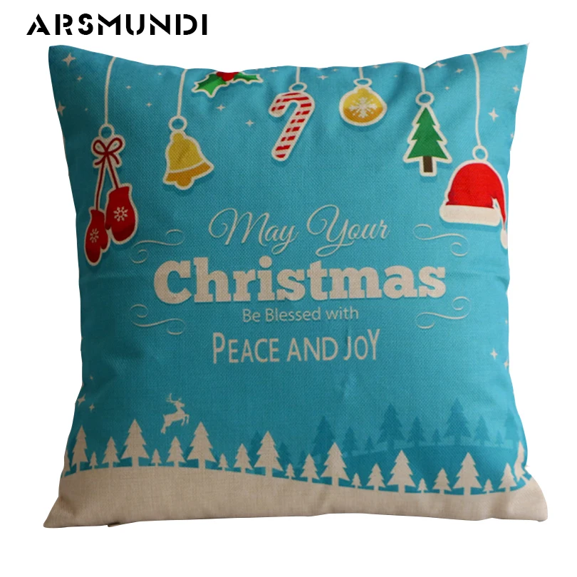 

Simple Christmas Printed Cushion Cover for home Waist Throw Cute Pillow Case Square Blue Red Linen Woven Sofa Cushion Cover