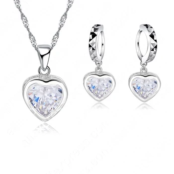 

Free Shipping Heart Shiny Cubic Zircon Jewelry Set 925 Sterling Silver CZ Necklace Dangle/Hoop Earrings Dropshiping