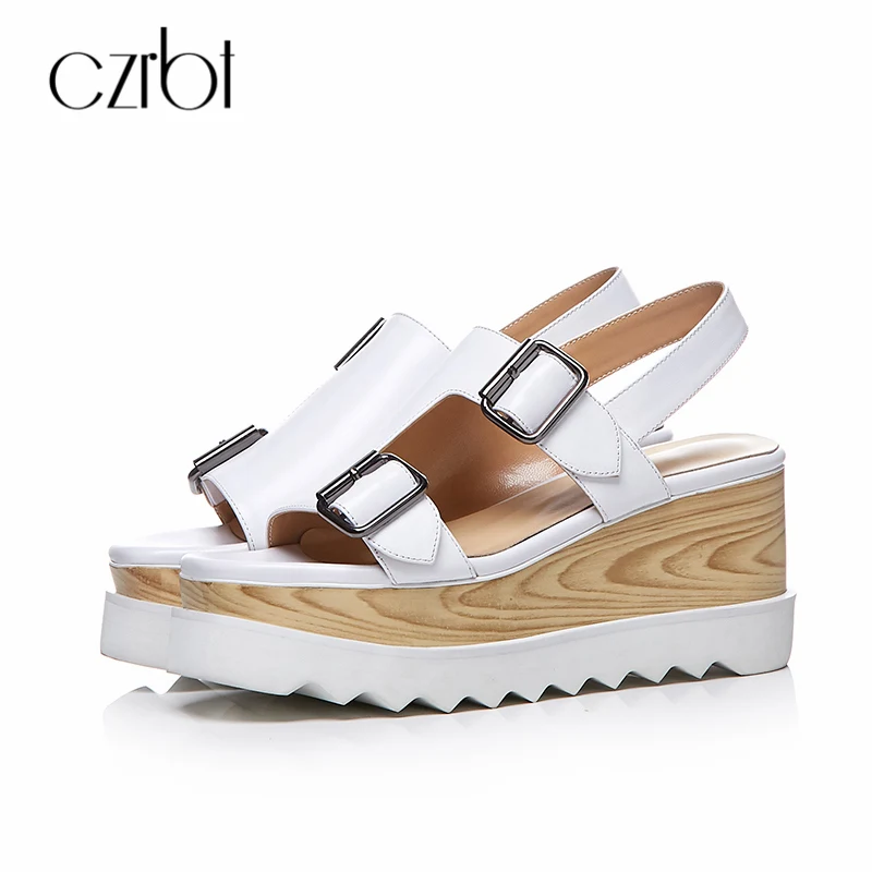 

CZRBT 2018 Summer Manual Genuine Leather High Heeled Sandals 8cm Fashion Novelty Double Monk Strap Cowhide Women Shoes