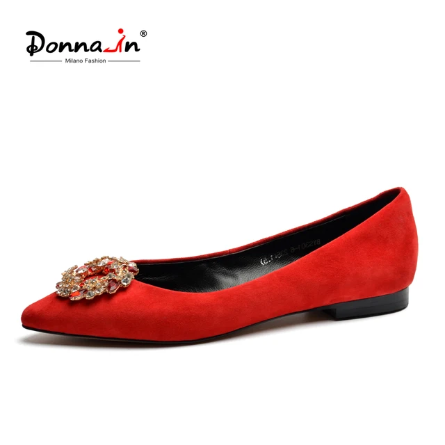 Donna-in/2019 летние женские балетки на плоской подошве из натуральной кожи с острым носком, красные модные повседневные женские слипоны со стразами