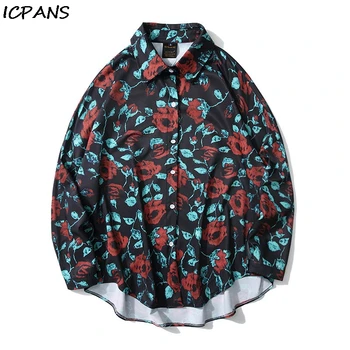 

ICPANS Dress Shirts Men Long Sleeve Print Printed Vintage Shirt Men 2019 Autumn Hip Hop Shirt Men's Shirt