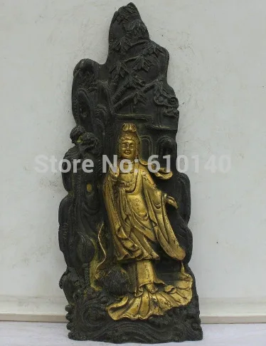 

Chinese Buddhism Bronze Gilt Stand Kwan-yin Guan Yin Goddess Bamboo forest