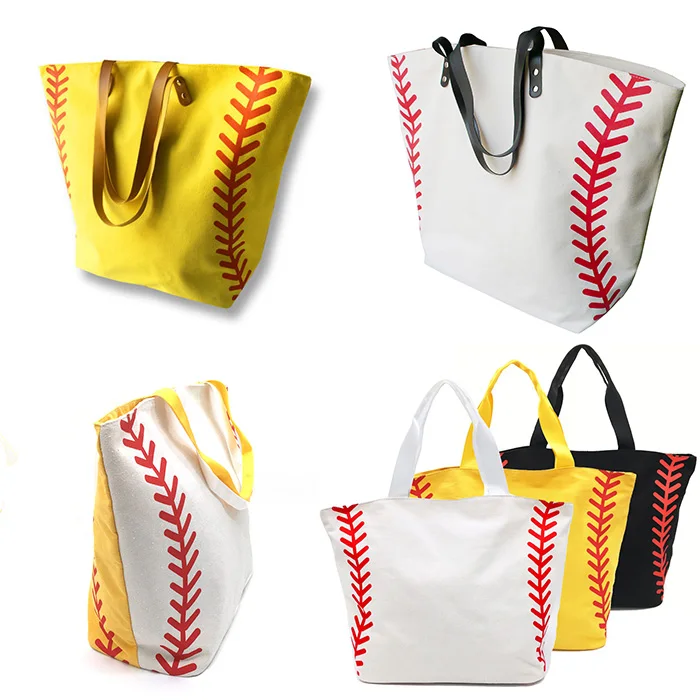 

Super Large High Quality Softball Baseball Canvas Cotton Girls Tote Bags Team Players Accessories Yellow White Handbags