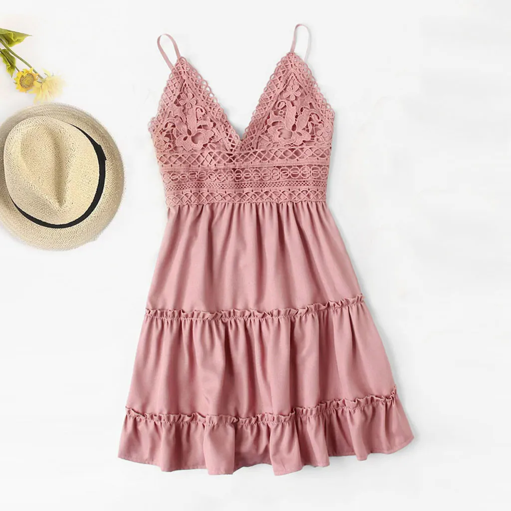

Lady's Vintage Spring Summer Women Casual Summer Sleeveless Lace Floral Trim Cute Sweet Dress Beach Dress