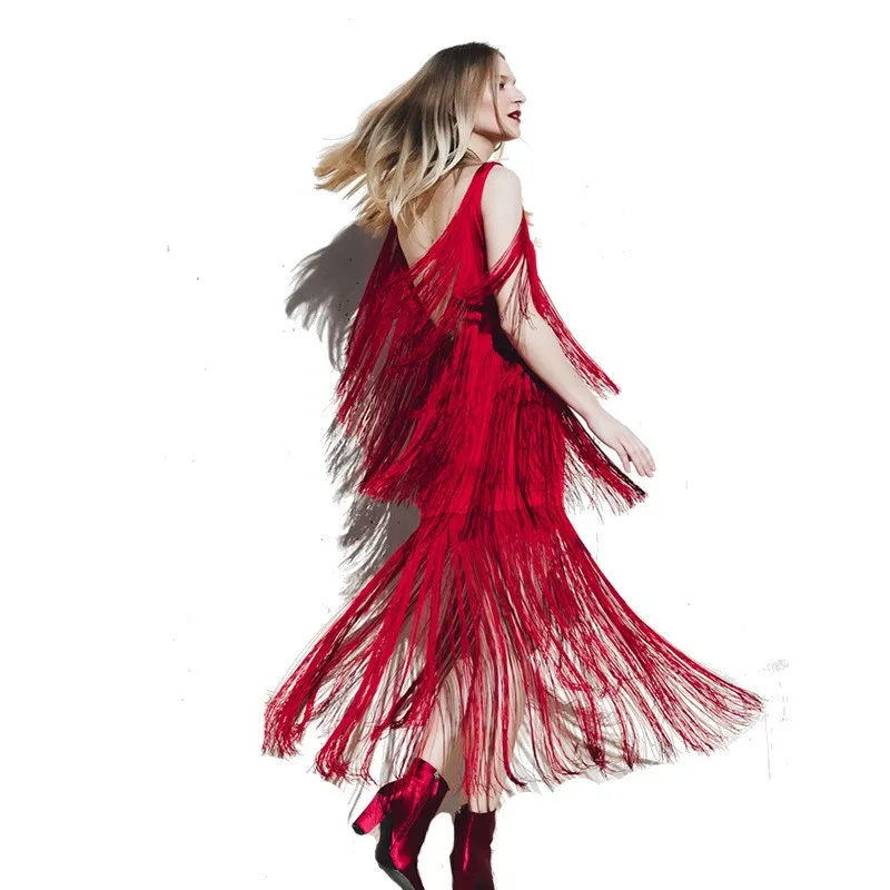 Red Tassel Party Dresses Women Backless Sexy Dresses Fringe Elegant Dress VestidosDresses