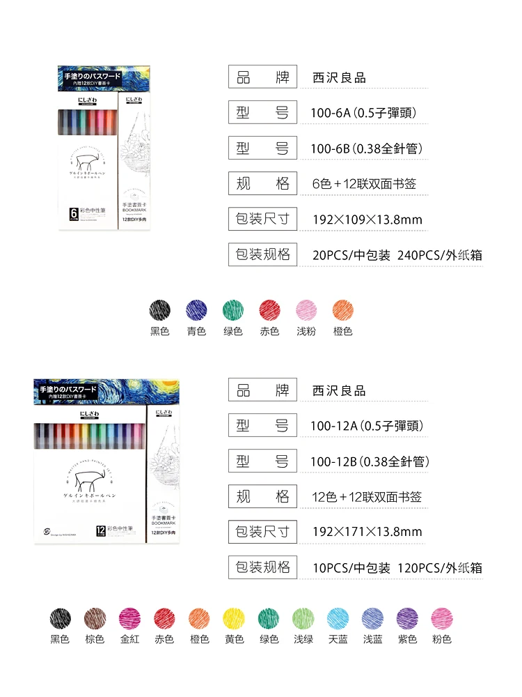 12 шт., набор гелевых ручек японского цвета, 12 цветов, гелевая ручка 0,38, 0,5 мм, Muji, стильная гелевая ручка, Kawaii, школьные принадлежности
