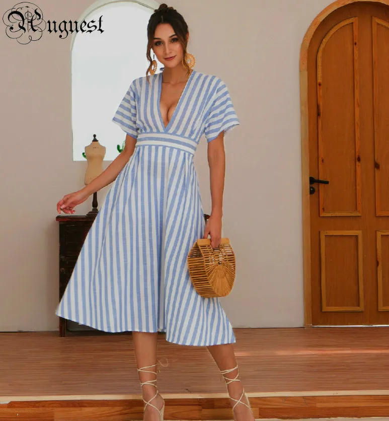 

Uguest Women Open Back Long Dress Cotton A-line Short Sleeve Empire Hollow Out Striped Split Loose Maxi Dress Sexy Party Dresses