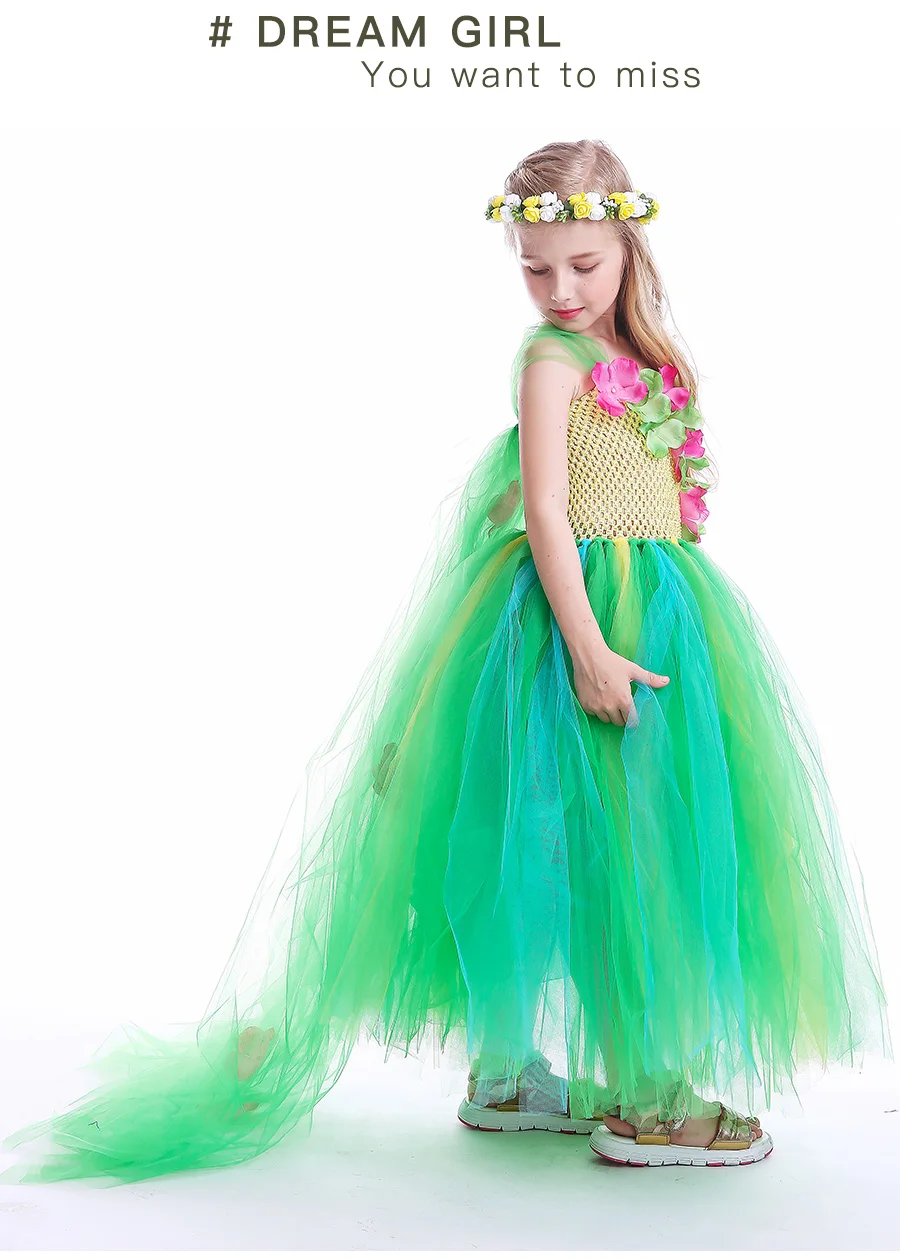 Green Flower Girls Elsa Tutu Dress Purim Cosplay Halloween Costume Kids Birthday Party Dresses Fever Inspired Handmade Dress (6)