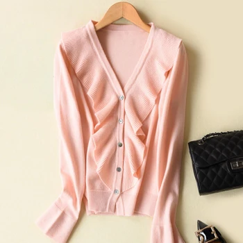 

Women Fashion's Wool Cashmere Cardigans V-neck Flare Sleeve Ruffles Knitted Sweater Coat Cardigans S-2XL