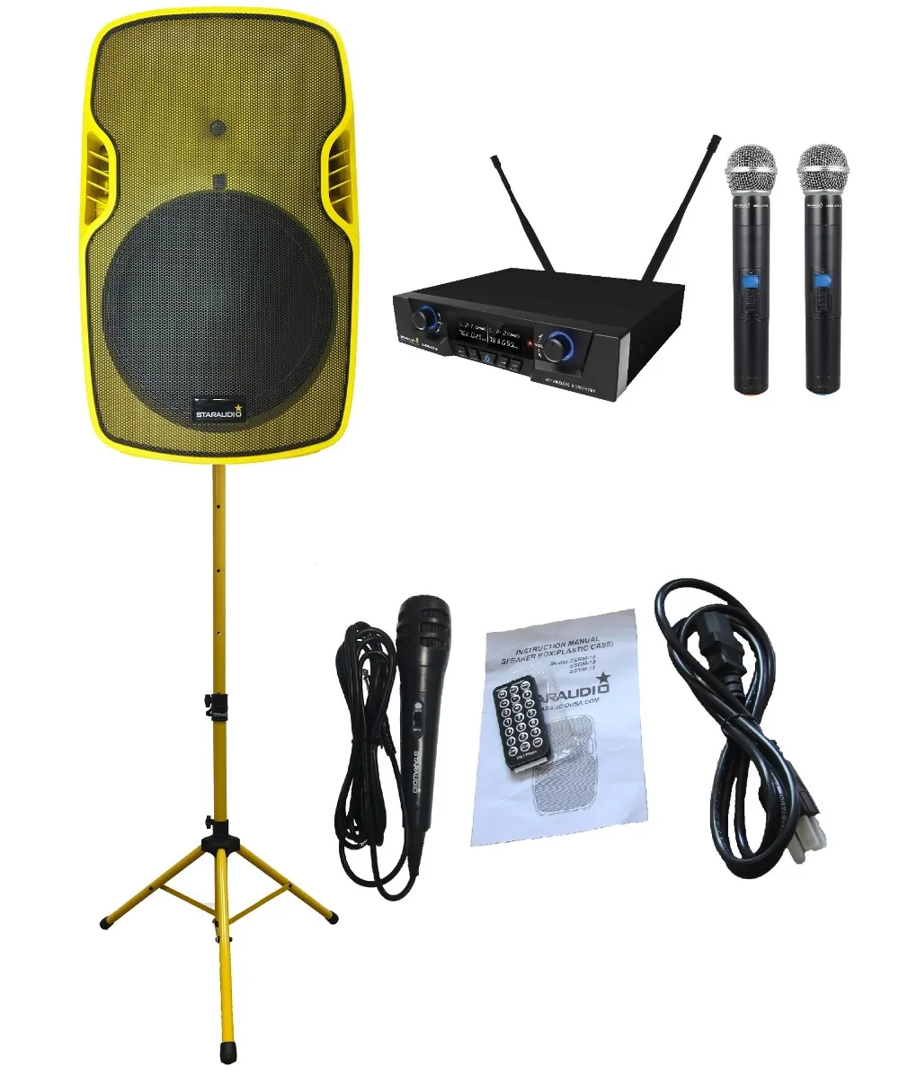 

STARAUDIO SSYM-15 15" 3500W PA DJ Stage Powered Active BT Speaker with 2CH UHF Handheld Mic 1 Wired Mic 1 Speaker Stand