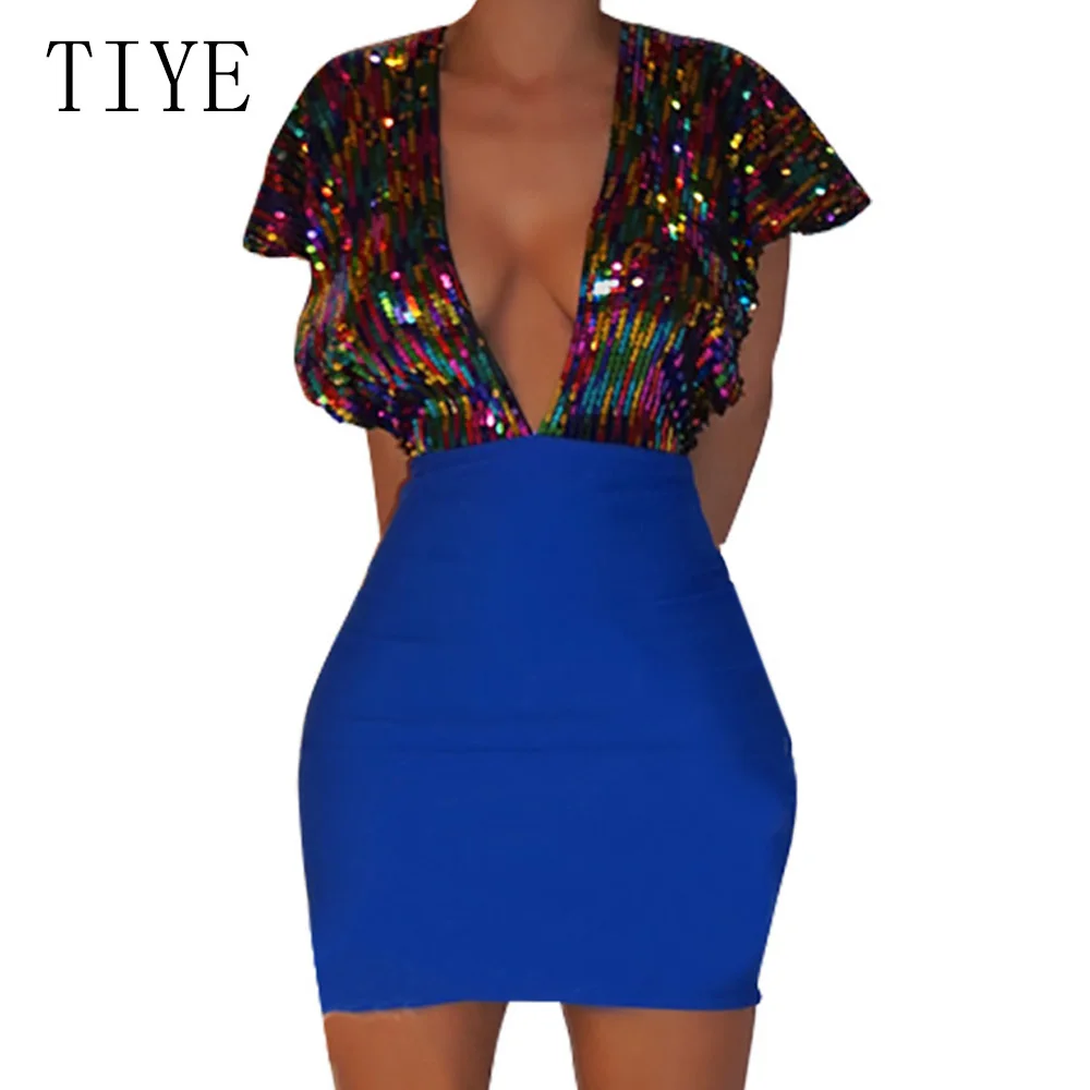

TIYE Summer Women Vintage Skinny Sequin Short Dress Sexy Deep V Neck Hollow Out Mini Club Party Dress Vestidos Plus Size S-XXL