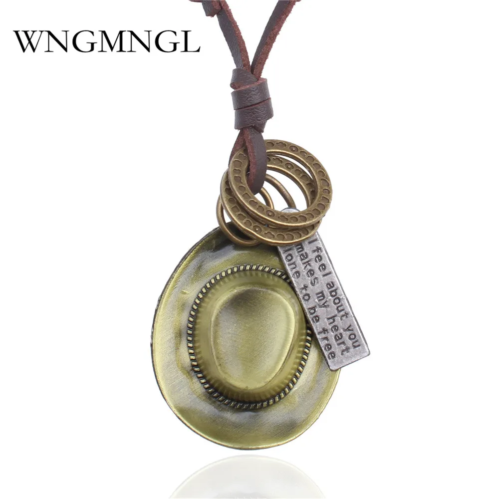 

WNGMNGL 2018 New Vintage Women Alloy Cap Circle Pendant Necklace Leather Rope Chain Necklace Western Cowboy Men Jewelry Gifts
