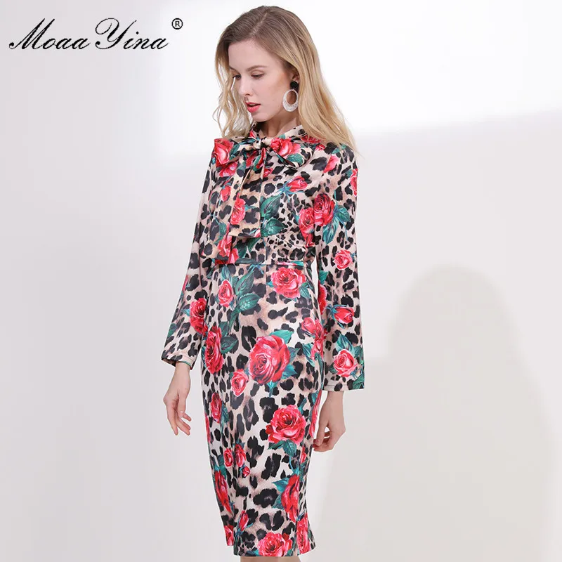 MoaaYina весеннее сексуальное леопардовое модное дизайнерское женское платье с длинным рукавом, с принтом розы, посылка, тонкие ягодицы, платья
