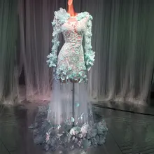 Цветочное Прозрачное платье с длинным рукавом, кружевное цветочное сказочное Сетчатое стрейчевое платье для дня рождения, Женский костюм для выступлений певицы