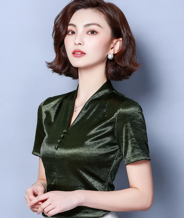 Dingaozlz одежда больших размеров, женская рубашка с v-образным вырезом, летняя футболка с коротким рукавом, повседневная женская Трикотажная блуза - Цвет: green