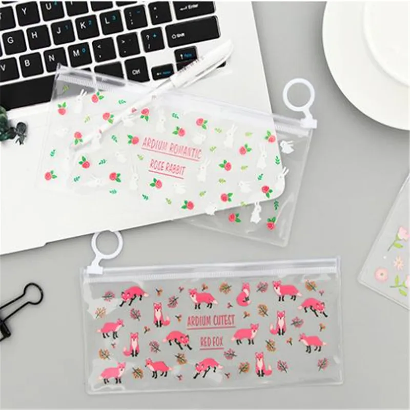 PVC Transparent Pencil Bags Mysterious Small Flowers Animals Waterproof Stationery Storage Office School Supplies Pencil Case