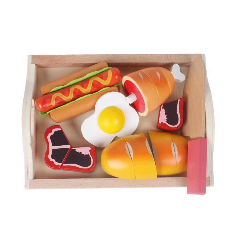  Candywood New High quality Baby Kids Wooden Kitchen Toys Cutting Bread Seafood fish food Set educat