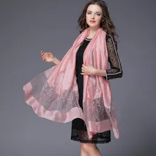 190*90 см женские шарфы из натуральной шелковой шерсти длинный шарф палантины Цветочная Вышитая Шаль Обертывание мягкий женский фуляр хиджаб для защиты от солнца