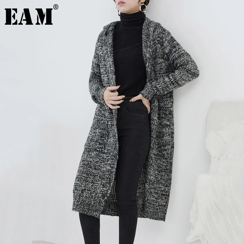 

[EAM] 2019 New Spring V-Neck Long Sleeve Knitting Hooded Pockets Temperament Loose Big Size Open Stitch Women Fashion Tide JY010