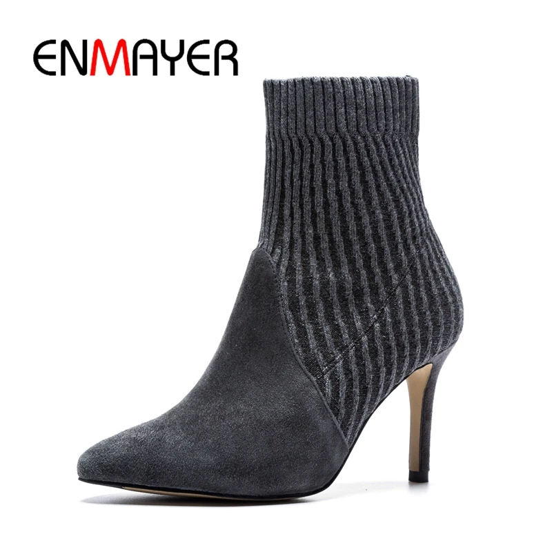

ENMAYER Pointed Toe Basic Kid Suede Slip-On Ankle Shoes Woman Thin Heels Snow Boots Size 34-39 ZYL1697