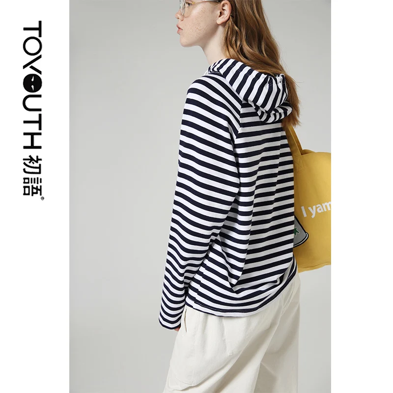

Toyouth Vintage Women Hoodies Autumn Winter Hooded Striped Pattern Casual Women Casual Cotton Jumper Sweatshirt