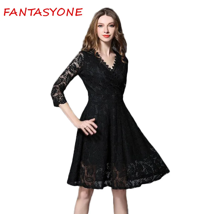 FANTASYONE 2017 Vintage Spring Black Dress Women Robe Rockabilly Feminino Vestidos Hepburn Retro Knee Length Dresses Lace | Женская