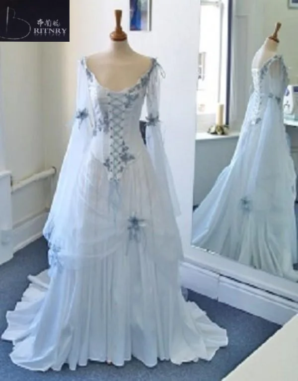 Vintage Celtic Wedding Dresses White And Pale Blue Colorful