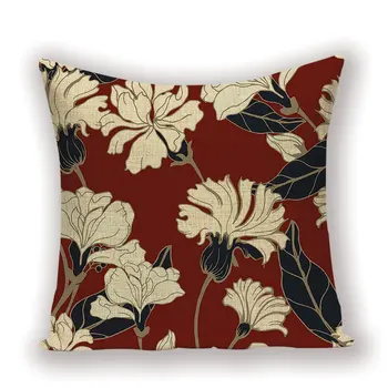 

Retro Throw Pillow Case Nordic Red Flower Home Decor Pillows Covers Linen Plant Cushion Cover Custom Sofa Decor Cushions Cases