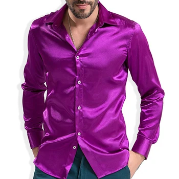 

Fashion Shiny Silky Satin Dress Shirt Luxury Silk Like Long Sleeve Mens Casual Shirts Performance Stage Wear