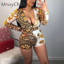 MissyChilli пикантные Пейсли Клубные v образным вырезом комбинезон Для женщин Длинные рукава купальный костюм с шортами Детский комбинезон женский летний Облегающий комбинезон в винтажном стиле