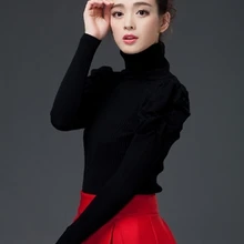 С пышными рукавами базовый свитер с высоким, плотно облегающим шею воротником, Женский уплотненный тонкий пуловер вязаный Базовая футболка тепловой