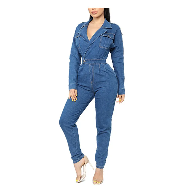 Women Blue Jeans Jumpsuit Turn Down Collar Long Sleeve Denim Rompers Vintage Casual Bodysuits Overalls Women Blue Jeans Jumpsuit Turn Down Collar Long Sleeve Denim Rompers Vintage Casual Bodysuits Overalls