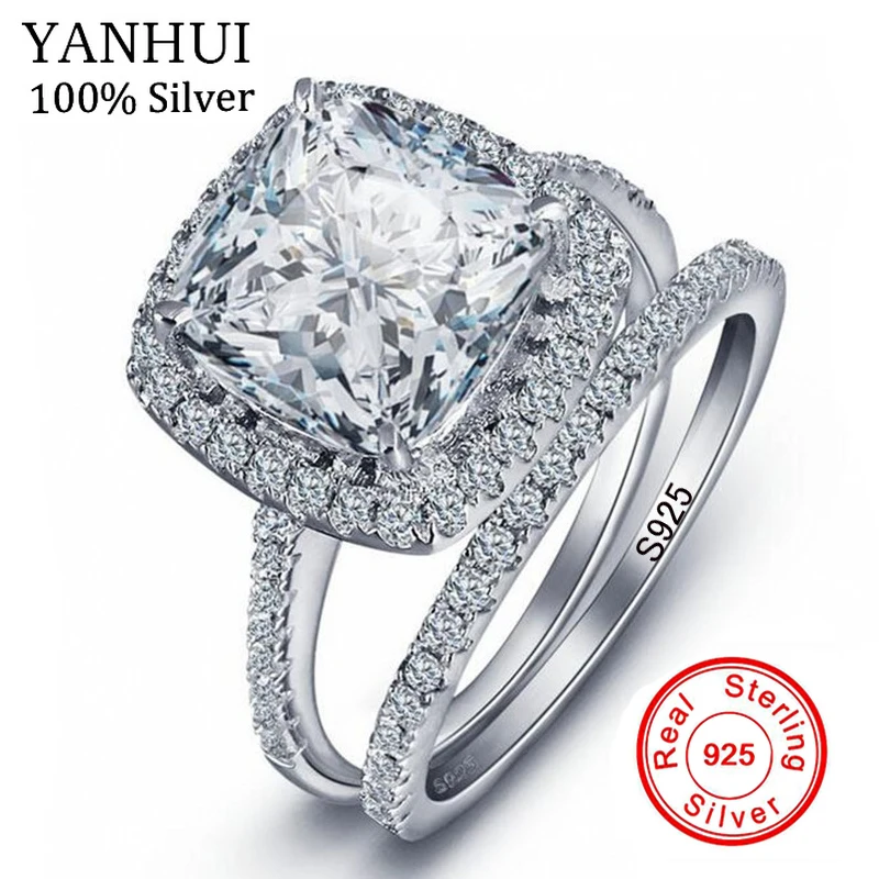 

2PCS/Sets Anti Allergy No Fade Original Real 925 Silver Rings Sets 5A Cubic Zirconia Jewelry Rings Wedding Gift For Women DRH001