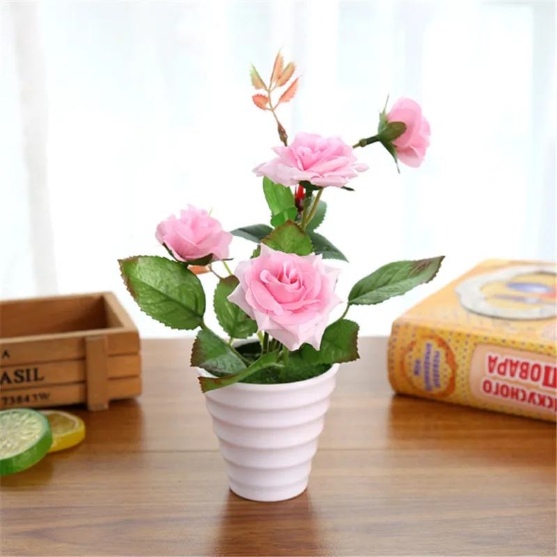 1 комплект искусственный Шелковый цветок розы бонсай с белой пластиковой вазой растение в горшках Свадебная вечеринка Рождество украшение дома