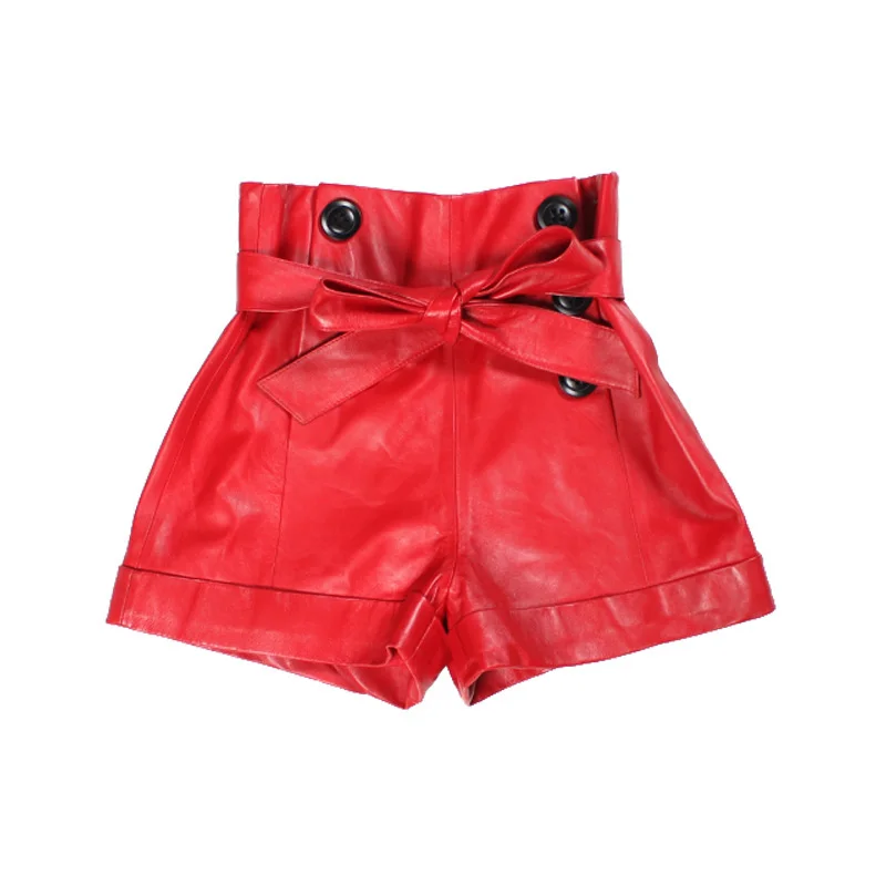 Red leather high waisted shorts clearance