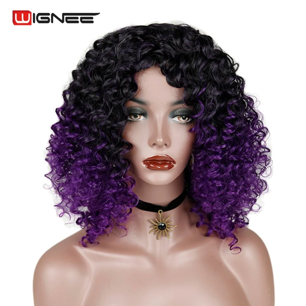 Wignee нет кружева синтетический парик для женщин высокая плотность афро кудрявые вьющиеся волосы Омбре фиолетовый/синий/серый натуральный черный короткие волосы парики