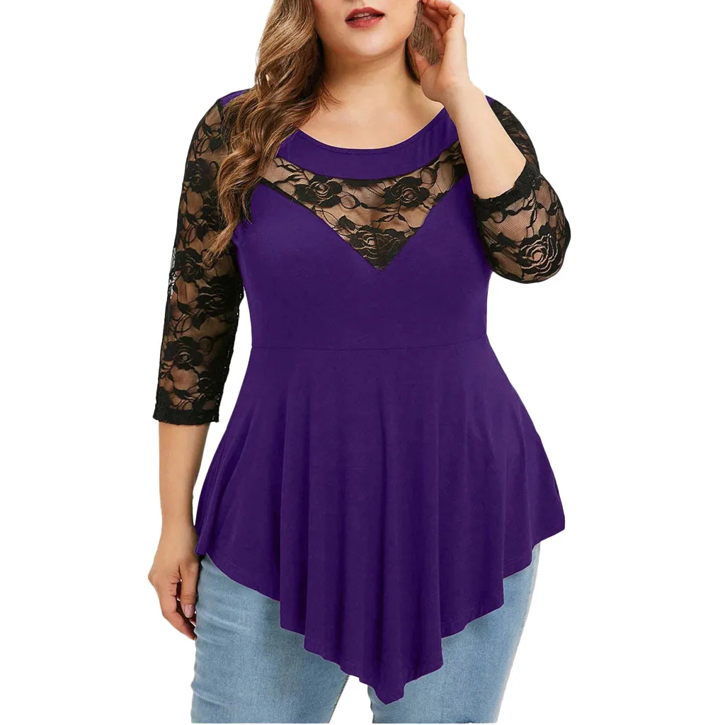 Летняя модная Кружевная блуза размера плюс, повседневная женская сексуальная однотонная Асимметричная футболка, женская рубашка с рукавом 3/4, блузка, пуловер - Цвет: Purple