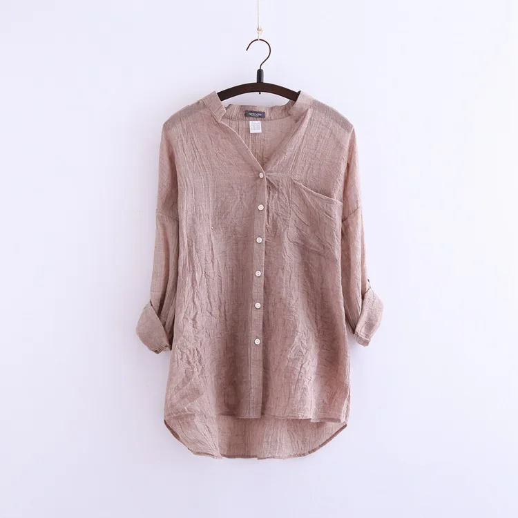 Collarless linen shirt womens Clearance