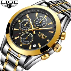 LIGE Для мужчин s часы лучший бренд Модные золотые кварцевые наручные часы Для Мужчин's Бизнес все Сталь Водонепроницаемый спортивные часы