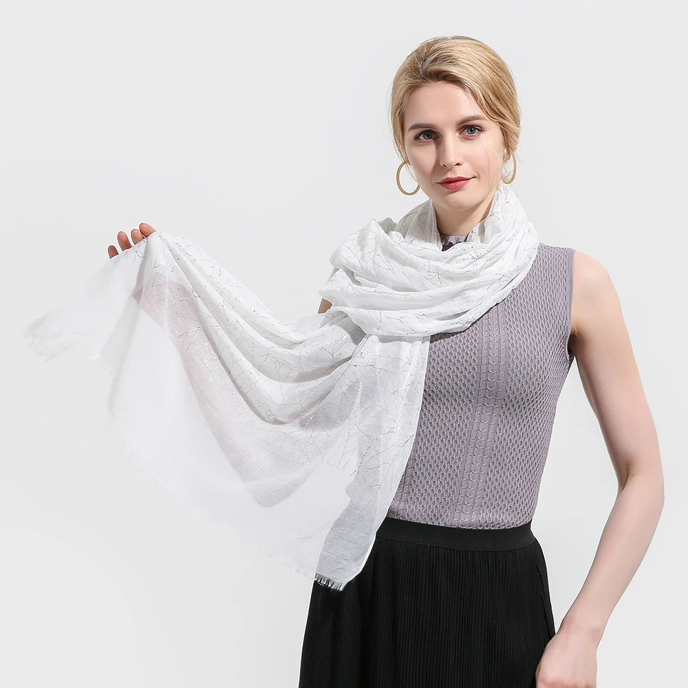 

Winfox New 2018 Spring Summer White Tree Branch Glitter Scarf Fringe Metallic Foil Sliver Print Shawl Leaves Foulard Femme Hijab