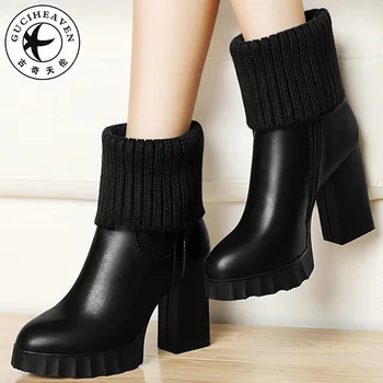 

Guciheaven Winter Warm Women Mid Calf Boots Plush High Heels Pumps 9cm Foldable Fashion Short Boots Knitting Fashion Shoes 2020