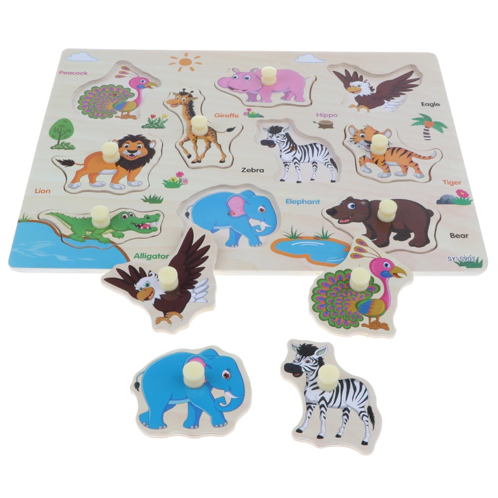 2 Sets Wooden Peg Puzzle Jigsaw Educational Toys for 1-4 Year Olds Baby Toddlers - Zoo & Farm Animals