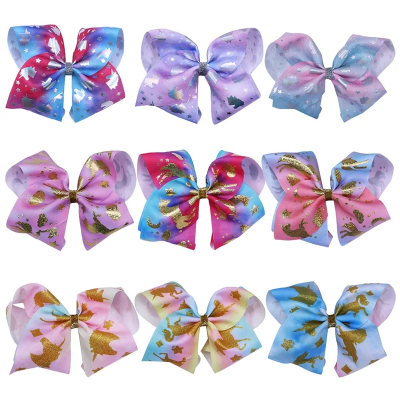 

6 inch glitter foil unicorn print grosgrain ribbon JOJO hair bows with clip Headwear Children Girls Hair Accessories 9PC/lot