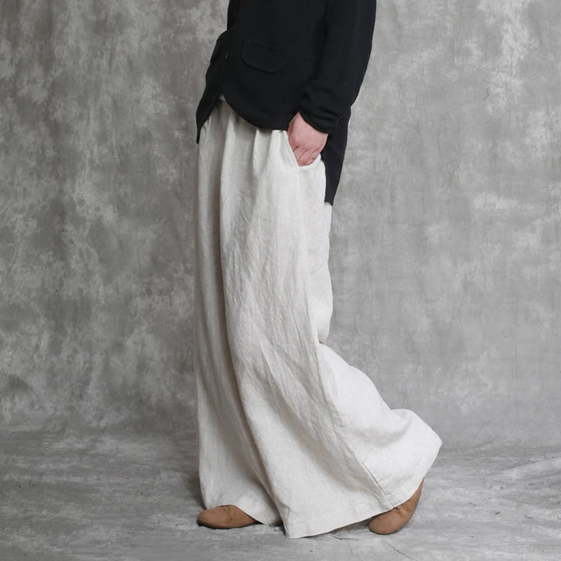 

2019 Spring and Summer Simple All-match Flax Broad Leg Pants Buddhist Mood Temperament Leisure Time Trousers Loose Pants D834