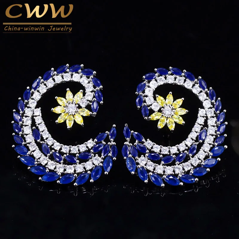 

CWWZircons Lovely Silver Color CZ Blue Crystal Big Stud Designer Brand Women Earrings Fashion Party Jewelry Gift CZ033