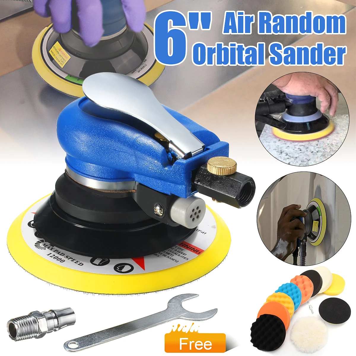 

6 Inch 10000rpm Round Air P alm Orbital Sander Random Hand Sanding Pneumatic + 11pcs 6 inch Buffing Pad Set Sponge Polishing Pad