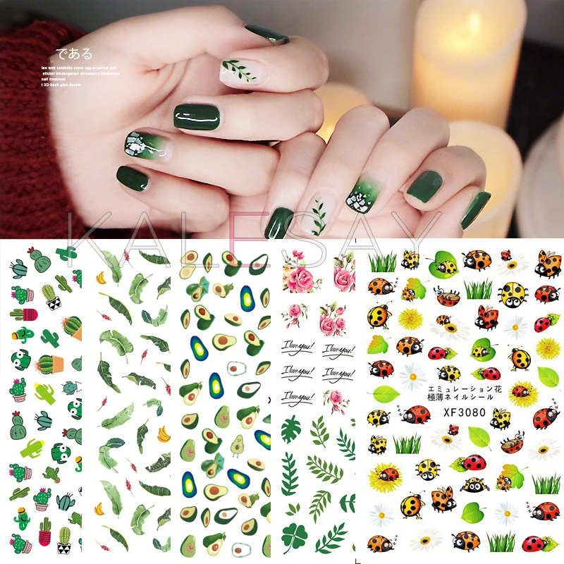 

DIY Summer Nail Art Stickers Rose and Leaf Nail Sticker Decals Manicure Design Ladybird Cactus Stickers for Nails Back Glue