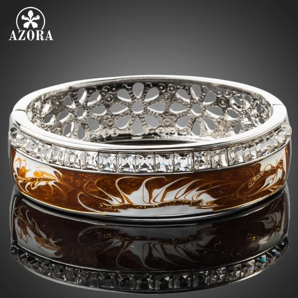 

AZORA White Gold Color Stellux Austrian Crystal Oil Painting Pattern Paved Cuff Bangle Bracelet TB0017